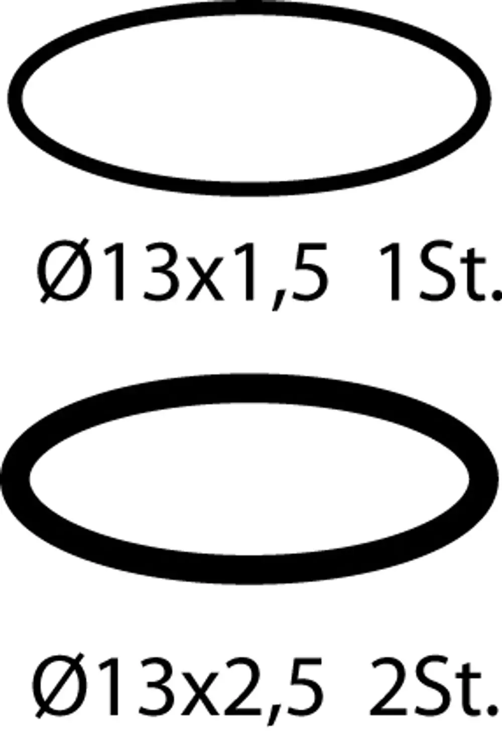 O-Ringe in zwei Größen, Ø 13x1,5 und Ø 13x2,5, dargestellt in einer grafischen Übersicht. Ideal Standard.